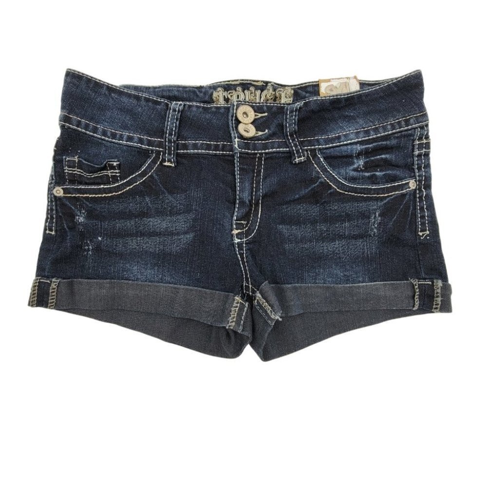 Truce Denim Shorts Womens 9 Junior Dark Blue Jean Stretch Y2K Low Rise Summer